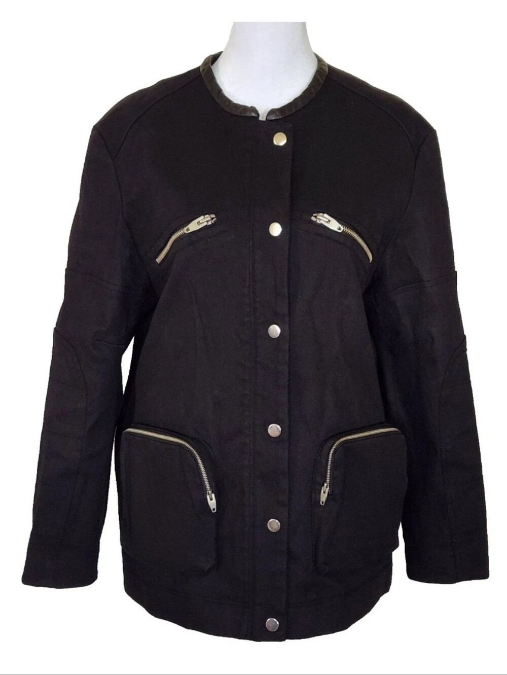 SANDRO Leather Trim Stretch Denim Jacket Sz 1/Small Black Utility Military Moto